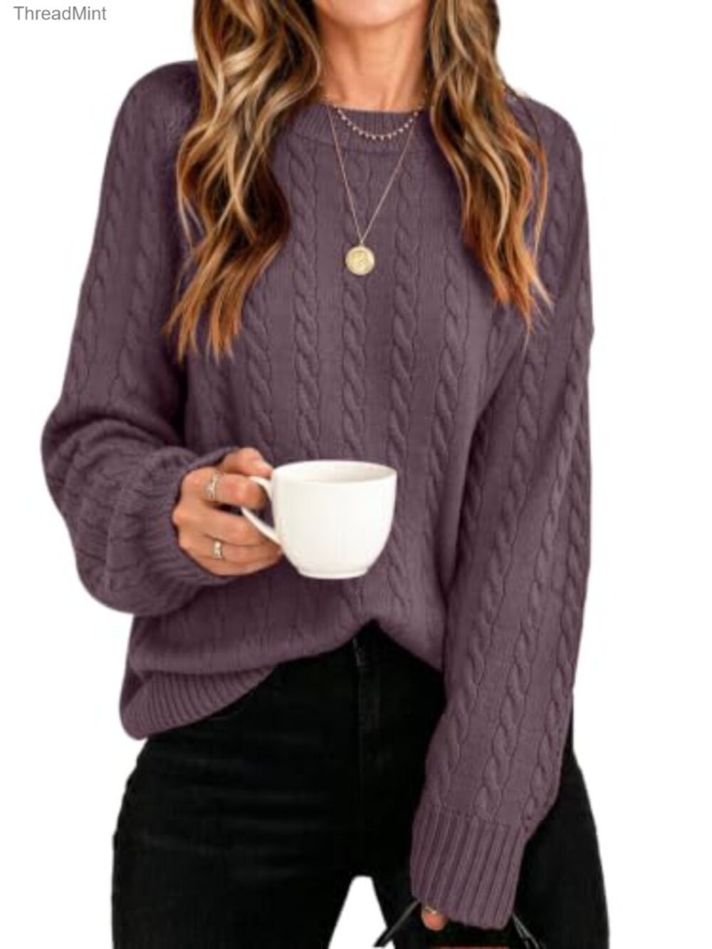 Cable Knit Crewneck Sweater - Long Sleeve Pullover Tops for Women
